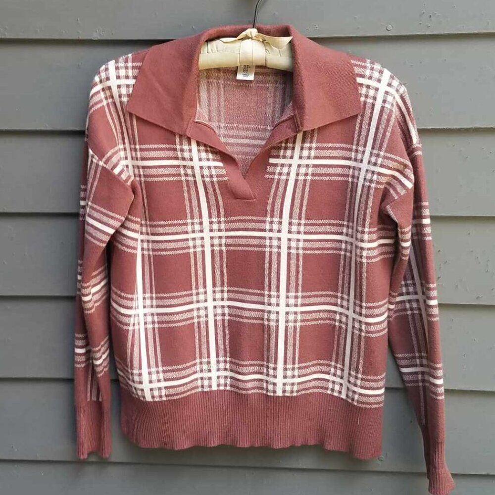 Max Studio Brown White Plaid Knit Sweater with Collar size Medium